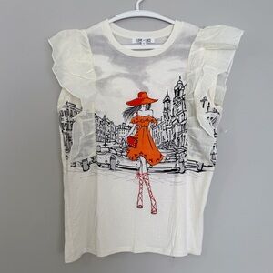 Women's White Graphic Top, Women shirts Size Medium